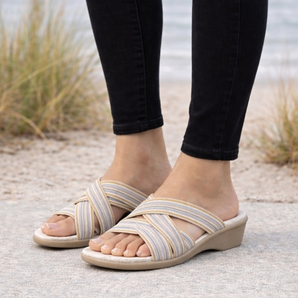 Mootsie Tootsie NEW Monala Coastal Grandma Comfort Wedge Slide Sandals 7.5M